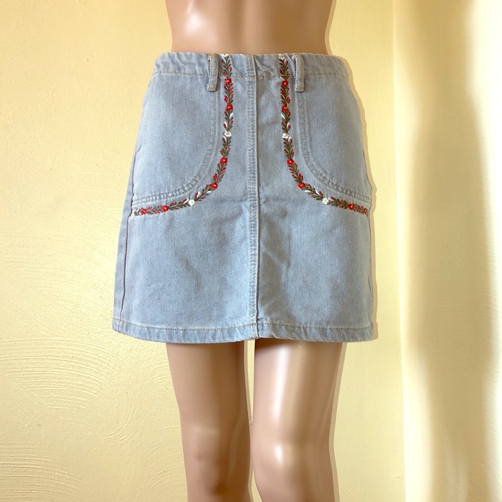 Embroidered Flower Denim  A Line Skirt
